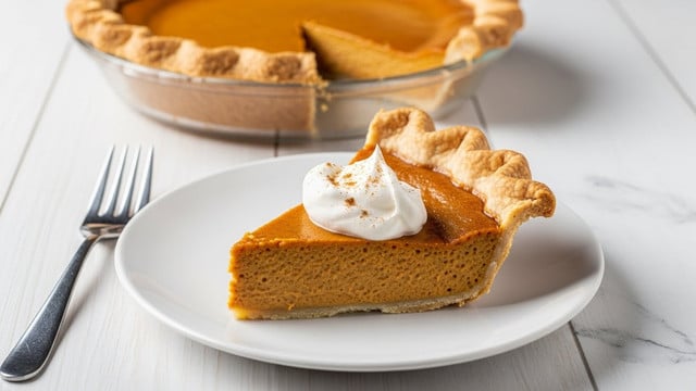 A single slice of orange pumpkin pie with a smooth and slightly grainy texture sits on a white plate. The pie has one main layer of deep orange filling and a thin, golden brown crust hugged at the base, topped with a dollop of white whipped cream. A silver fork rests on the right side of the plate, and a woman's hand is gently holding the fork handle. The background features a white marbled texture with soft lighting. photo taken with an iphone --ar 4:5 --v 7