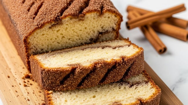 A loaf of cinnamon sugar cake is shown on a wooden board, with two thick slices cut from the middle and stacked slightly on top of each other. The cake has a light, fluffy, pale yellow inside with a thick outer layer covered in a grainy cinnamon sugar coating that is brown with darker cinnamon stripes. The texture of the cake looks soft and moist, and the cinnamon sugar outside has a rough, sandy look. In the background, several whole cinnamon sticks are placed on the wooden board. The background has a white marbled texture. photo taken with an iphone --ar 4:5 --v 7