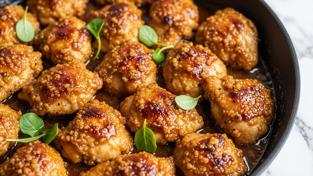The image shows a close-up of a pan filled with a rich, golden-brown dish of cooked chicken pieces coated in a shiny sauce that looks sticky and slightly thick. Small green leaves are scattered on top, adding a fresh contrast to the warm colors of the chicken. The dish appears to be layered naturally, with the chicken forming a dense, textured top layer, glistening with sauce. The background is a white marbled texture, keeping the focus on the savory-looking chicken. photo taken with an iphone --ar 4:5 --v 7