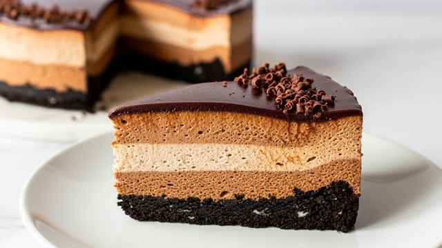 A slice of chocolate mousse cake with three distinct layers sits on a white plate. The bottom layer is dark, almost black, and crumbly, resembling an Oreo cookie crust. The middle layer is thick and light brown with a smooth and airy mousse texture. The top layer is a glossy, dark chocolate ganache with small chocolate curls sprinkled over it. The cake is sliced from a whole cake in the background, both placed on a white marbled surface. Photo taken with an iphone --ar 4:5 --v 7