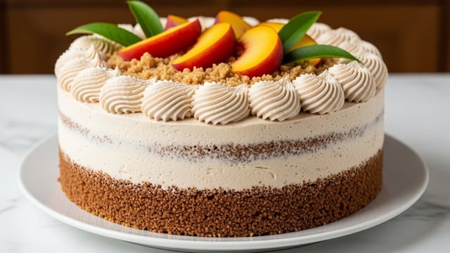A round cake with three main layers is shown, starting with a thick crumbly brown base at the bottom. Above this base is a smooth, creamy light brown frosting layer wrapped around the sides and top of the cake, with visible soft swirls and texture. On top, there are six peach slices arranged in a slightly overlapping line in the center, some with a soft yellow inside and red-orange skin, accompanied by a couple of green leaves for contrast. A light dusting of crumb topping is spread near the fruit on the frosting. The cake sits on a white plate, placed on a white marbled surface, with blurred warm brown tones in the background. photo taken with an iphone --ar 4:5 --v 7