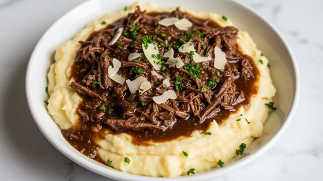 A white bowl holds creamy, soft mashed potatoes forming the base layer with a light yellow color and smooth texture. On top, dark brown shredded beef covered in rich, thick gravy completely covers the mashed potatoes, with the gravy pooling around the edges of the bowl. The dish is sprinkled with finely chopped green herbs and small white shavings of cheese that add texture and color contrast. The bowl is set against a white marbled surface. photo taken with an iphone --ar 4:5 --v 7