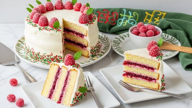 A festive cake with three layers of light yellow sponge is shown with thick white frosting covering the outside. Between each cake layer is a thick spread of bright red berry filling. The outside base of the cake is decorated with green, red, and white sprinkles, while sugared red berries line the top edge of the cake along with small green leaves. Two triangular slices of the same cake are served on white square plates, each showing the three layers clearly with berry filling inside, and decorated with sprinkles and a sugared red berry on top. A small white bowl filled with sugared red berries sits nearby on a white marbled surface. A silver fork rests on one plate, and a silver cake server leans against the whole cake on a white plate with green and red leaf patterns. The setting also includes a green towel with characters embroidered and a wooden spatula. photo taken with an iphone --ar 4:5 --v 7