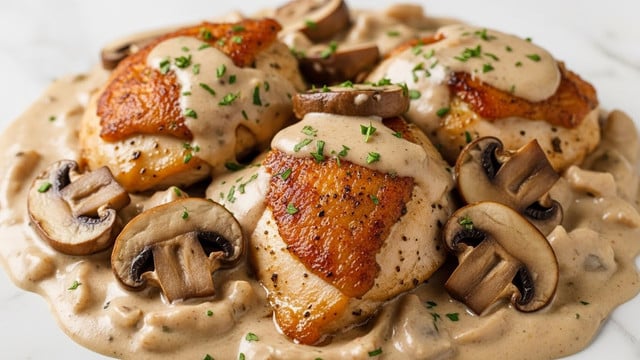 The image shows a creamy dish with large pieces of browned chicken and whole mushroom slices, all covered in a thick beige sauce with specks of green herbs on top. The sauce looks smooth and rich, pooling around the chicken pieces, which have a golden-brown, slightly crispy texture. The mushrooms are dark brown with a soft, cooked texture. The dish is presented closely, focusing on the creamy layers and the sprinkle of fresh herbs, set against a white marbled background. Photo taken with an iphone --ar 4:5 --v 7