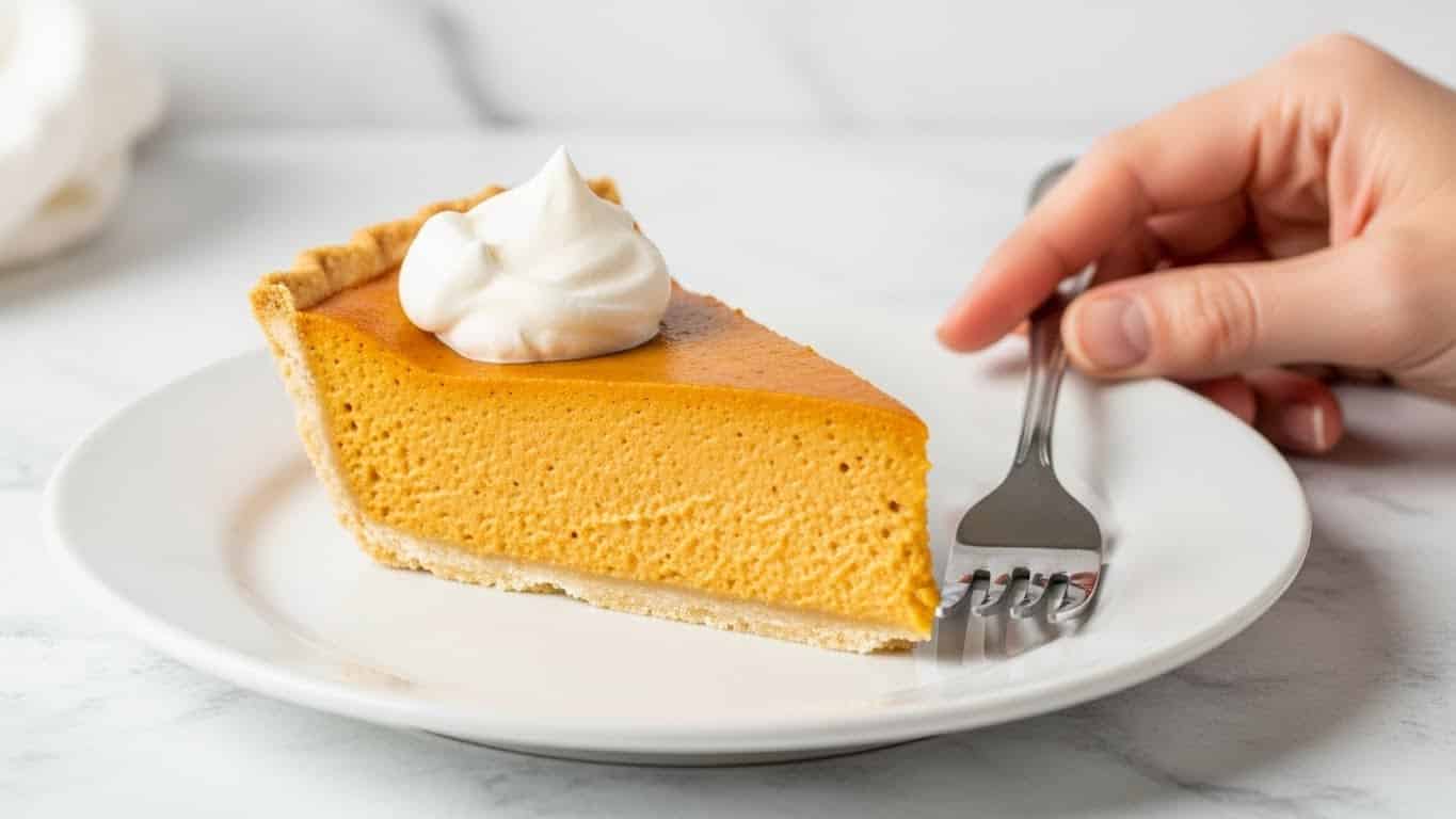 A single slice of pumpkin pie with a brown crust sits on a simple white plate, topped with a small dollop of white whipped cream sprinkled lightly with cinnamon. The crust is crimped and golden-brown, surrounding the smooth, deep orange filling that looks creamy. Behind the slice, the rest of the pumpkin pie sits on a clear dish, showing its full round shape and thick crust edges. A silver fork rests on a light wooden table next to the plate, all set on a white marbled surface. photo taken with an iphone --ar 4:5 --v 7