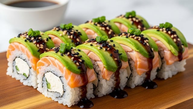 A row of eight sushi pieces is arranged on a light brown wooden board placed on a white marbled surface. Each sushi piece has three visible layers: the bottom is white rice, the middle is a pinkish layer of fish, and the top is a crispy, orange-brown crust with small green onion slices, black sesame seeds, and drizzles of white and dark red sauces. In the background, there are small green dollops of wasabi on some sushi pieces, and a white bowl with dark soy sauce is slightly out of focus. The texture highlights the crispiness of the top layer and the softness of the rice beneath. Photo taken with an iphone --ar 4:5 --v 7