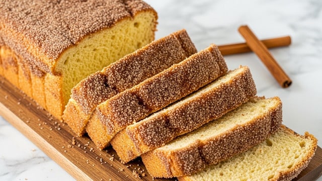 A loaf of cinnamon sugar-coated bread is sliced into five thick pieces and placed on a wooden cutting board on a white marbled surface. The bread has a light golden-yellow inside with a soft and fluffy texture, while the outside is covered in a rough, grainy layer of brown cinnamon sugar. The slices are arranged in a slightly fanned-out style, showing the soft crumb and the sugary top. Two cinnamon sticks are placed in the background on the same white marbled surface. photo taken with an iphone --ar 4:5 --v 7