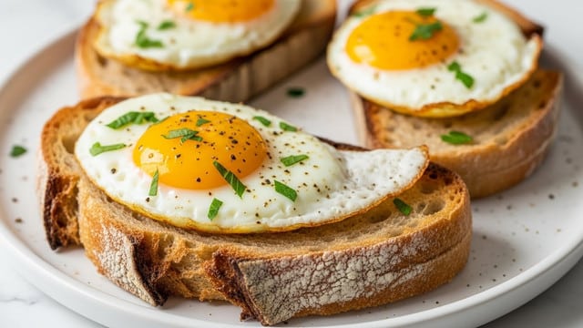 Three slices of toasted rustic bread lie on a round white plate with a white marbled texture background. Each slice holds a sunny-side-up egg with a bright, shiny yellow yolk centered, surrounded by firm, white cooked egg whites with slightly crispy edges. The eggs are sprinkled with small green parsley pieces and a light dusting of black pepper. The bread has a crunchy, rough crust with softer, golden toast inside. The focus is on the front slice, showing clear texture on the crust and glistening yolk. Photo taken with an iphone --ar 4:5 --v 7