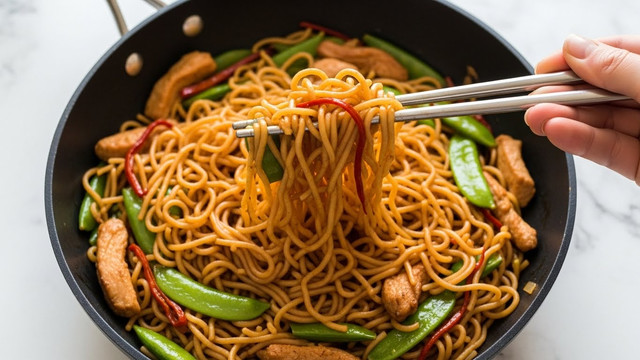 A black pan filled with golden-brown noodles mixed with green snap peas, small pieces of light brown chicken, and thin red strips of vegetables. Silver chopsticks held by a woman's hand lift a portion of the noodles in the center, showing the soft texture and slight glisten from the sauce. The mix of colors and textures contrasts well against the white marbled surface under the pan. Photo taken with an iphone --ar 4:5 --v 7