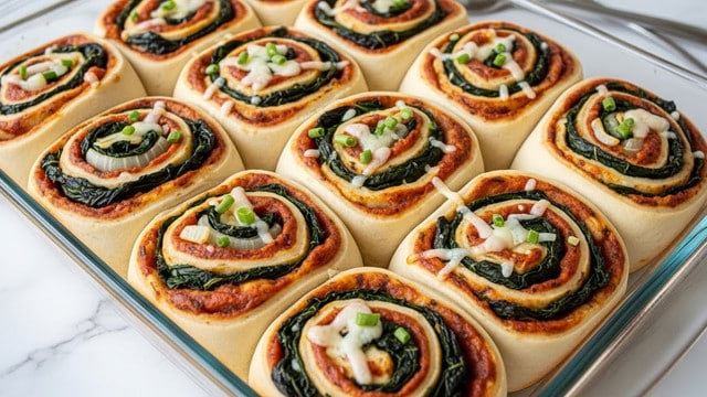 The image shows a glass baking dish filled with freshly baked savory rolls arranged closely together. Each roll has about three visible layers of soft, doughy bread that is a light golden color on the outside. Swirled inside the dough are layers of rich, red tomato sauce, wilted dark green spinach leaves, and light-colored sautéed onions. Some melted cheese bits and small green herb sprinkles add texture on top of the sauce, giving the rolls a slightly glossy and appetizing look. The baking dish sits on a white marbled surface with a metal utensil partially visible in the background. Photo taken with an iphone --ar 4:5 --v 7