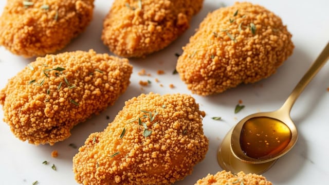 The image shows several pieces of golden, crispy fried chicken placed on a white marbled surface. The chicken is coated with a crunchy breading that has a rough texture with some small herbs sprinkled on top. A golden spoon with some honey drizzle is lying near the chicken pieces, and the honey has a shiny, sticky texture. The overall look is warm, inviting, and crunchy. photo taken with an iphone --ar 4:5 --v 7