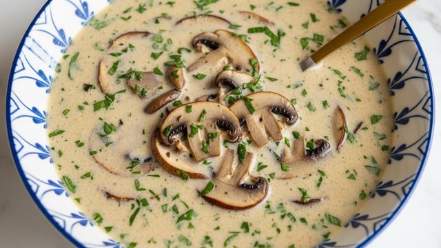 A white bowl with blue patterns around the edge is filled with a creamy soup that has layers of sliced mushrooms and chopped herbs mixed evenly throughout. The creamy base is light beige with visible pieces of mushrooms in dark brown and beige shades floating alongside small green herb bits. A spoon with a golden handle rests in the bowl, and the white marbled surface beneath adds a clean background. photo taken with an iphone --ar 4:5 --v 7