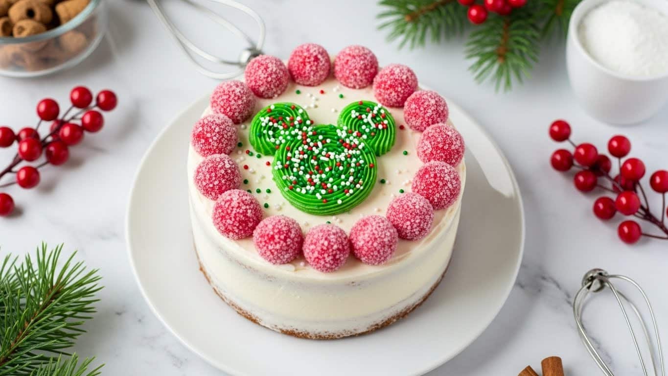 The image shows a small round cake with a smooth layer of white frosting on top. Around the edge of the cake is a circle of red sugared cranberries, each covered with white sugar crystals. In the center of the cake is a decoration shaped like Mickey Mouse’s head, made with green frosting that is piped in small swirls. This green decoration is sprinkled with small round and elongated red, white, and green sprinkles. The cake sits on a white plate decorated with green pine branches and clusters of red berries. The background is a white marbled surface with various baking tools and holiday-themed items around the cake. Photo taken with an iphone --ar 4:5 --v 7