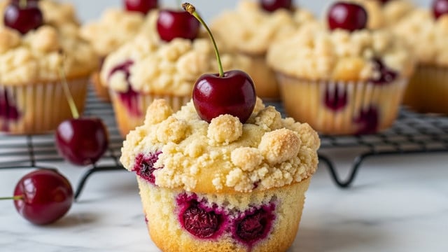 The image shows a close-up of a cherry muffin with a crumbly, light golden topping with small chunks on top. The muffin's base is a soft, light yellow cake with visible red cherry bits inside. A dark red cherry with a stem is placed on top, stuck in the crumbly topping. More muffins with the same crumbly topping and cherry pieces are blurred in the background. Some whole dark red cherries are scattered near the muffins. The muffins sit on a dark metal wire rack over a white marbled surface. The photo was taken with an iphone --ar 4:5 --v 7