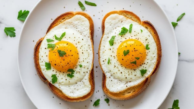 The image shows two slices of toasted bread placed side by side on a white plate, each topped with a sunny-side-up egg. Each slice has a golden brown crust with a soft, slightly textured inside. The eggs have bright yellow yolks in the center, surrounded by firm white cooked egg whites with lightly browned edges. Both eggs are sprinkled with small green parsley leaves and a dash of black pepper. The plate is set on a white marbled surface with some chopped parsley scattered around. photo taken with an iphone --ar 4:5 --v 7