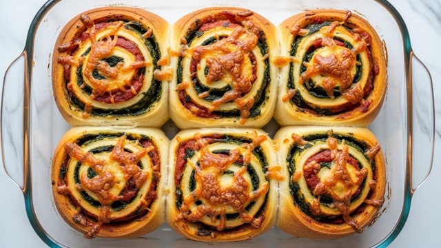 The image shows six golden-brown, spiral-shaped rolls baked in a clear glass dish. Each roll is made of soft dough with visible layers and swirls of green spinach and red tomato sauce, topped with melted cheese that has a slightly crispy texture. The rolls are tightly packed, filling the glass dish evenly, with some browned spots on top showing a well-baked crust. The background and surface beneath the dish are a white marbled texture. photo taken with an iphone --ar 4:5 --v 7