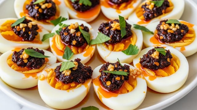 The image shows a white bowl filled with several halved soft-boiled eggs, each with a smooth white outer layer and a bright orange, slightly runny yolk center. The eggs are covered with a glossy, dark red chili oil sauce that pools at the bottom of the bowl. Finely chopped green herbs, likely chives, are sprinkled generously over the eggs, adding a fresh green contrast to the reds and whites. The sauce has flecks of chili flakes scattered on the eggs and around the bowl. The bowl sits on a white marbled surface. photo taken with an iphone --ar 4:5 --v 7