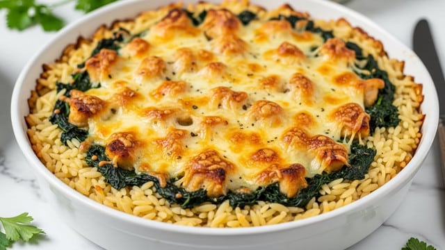 A white round baking dish filled with a baked pasta meal that has three visible layers: the bottom layer is small, pale yellow orzo pasta, the middle layer is green leafy spinach, and the top layer consists of browned pieces of chicken mixed with melted golden cheese covering the whole dish. The melted cheese has some browned spots from baking. The dish is placed on a white marbled surface with a metal knife and some green leafy herbs scattered around. photo taken with an iphone --ar 4:5 --v 7