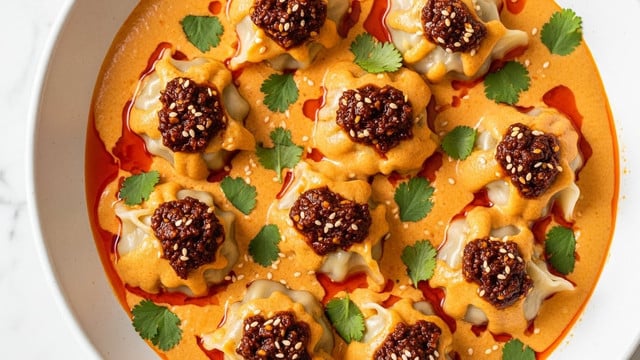 One Pan Baked Dumplings with Coconut Curry Sauce Recipe