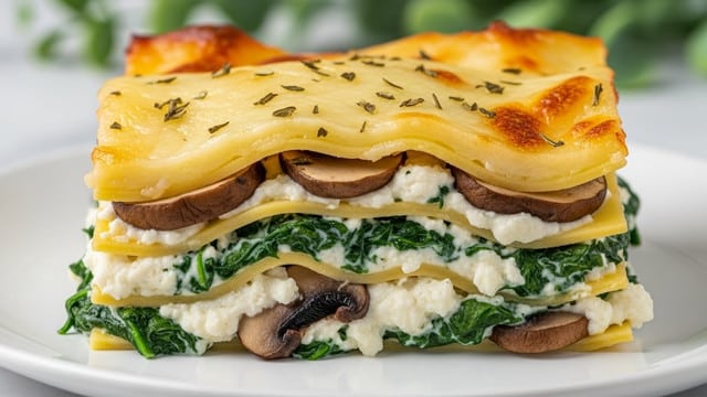 A close-up view of a four-layer lasagna piece stacked neatly on a white plate, resting on a white marbled surface. Each layer alternates with wide, flat, pale-yellow pasta sheets and a creamy filling made of white cheese, green spinach leaves, and brown mushroom slices. The top layer has melted, golden-brown cheese with small browned spots and is sprinkled with chopped fresh green herbs. The edges of the lasagna show melted cheese slightly oozing out. In the background, a silver fork is visible beside the plate. Photo taken with an iphone --ar 4:5 --v 7