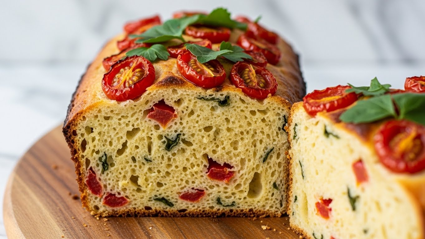 Three thick slices of bread are stacked close together on a wooden board, each slice showing a light golden crust with soft, pale yellow inside. The bread is dotted with halved, bright red cherry tomatoes and small pieces of green leafy herbs evenly spread throughout. The texture looks fluffy with small air pockets visible in the crumb. In the background, there are blurred red cherry tomatoes and a green basil leaf on a white marbled surface. photo taken with an iphone --ar 4:5 --v 7