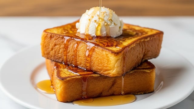 Two thick slices of golden brown French toast are stacked on a white plate. The top slice has a small round dollop of white cream with light brown specks on it. The toast looks crispy on the edges and soft inside, with syrup slowly dripping down and pooling on the plate. The background shows a wooden texture but the plate is on a white marbled surface. photo taken with an iphone --ar 4:5 --v 7