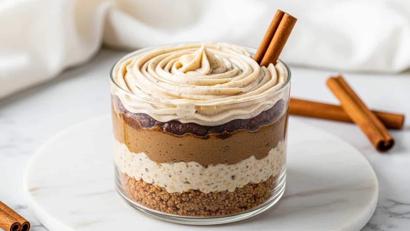 A round dessert in a clear glass shows three distinct layers: a bottom crumbly golden brown crust, a middle smooth and dense cinnamon brown filling, and a top swirl of creamy light beige frosting with specks, spiraled from the center to the edges. A whole cinnamon stick is placed upright on one side, slightly leaning inside the glass. The glass sits on a white marbled textured surface with a white cloth and more cinnamon sticks nearby. Photo taken with an iphone --ar 4:5 --v 7