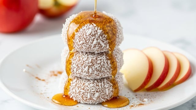 A white plate holds a stack of three round desserts, each coated in white shredded coconut and lightly sprinkled with cinnamon, dripping golden syrup down the sides. The top dessert has syrup pooling around it, adding a shiny texture. On the plate beside the stack are several thin slices of red apple with pale yellow flesh. The background shows a blurred red apple and a white marbled surface beneath the plate. photo taken with an iphone --ar 4:5 --v 7