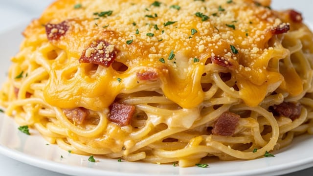 A close-up of a creamy baked pasta dish on a white plate, showing multiple layers of spaghetti noodles covered in thick, melted yellow-orange cheese mixed with bits of crispy bacon or ham. The top layer is golden brown with crunchy cheese and scattered small green herb pieces, giving a slight texture contrast. The layers underneath are soft, gooey, and richly coated with cheese sauce blending with the pasta strands, visible through the melted cheese folds. The entire dish looks rich, cheesy, and slightly browned on top, resting on a white marbled surface. photo taken with an iphone --ar 4:5 --v 7