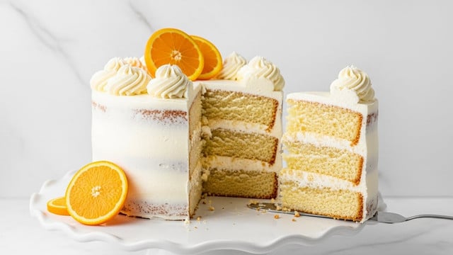 A three-layer vanilla cake with light golden sponge and thick white cream between each layer sits on a white cake stand with a wavy edge. The outside of the cake is covered in smooth white cream frosting, with cream swirls piped on top. One slice is missing from the cake, showing the inside layers clearly. On top of the cake and to the side of the base are bright orange slices adding color contrast. The background is a plain white marbled texture. photo taken with an iphone --ar 4:5 --v 7