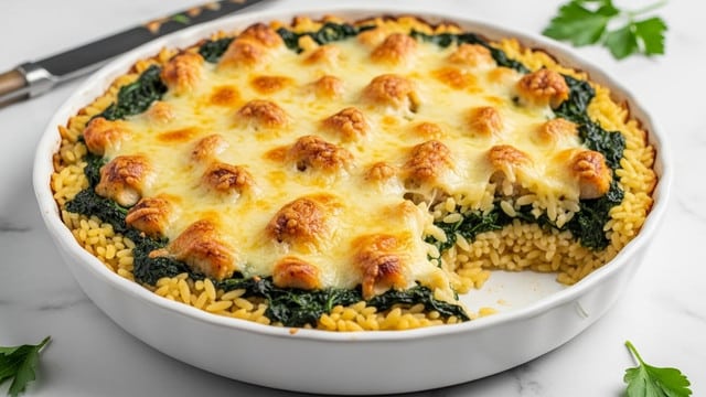 A round white casserole dish filled with a baked pasta dish seen from above, containing three main layers: the bottom layer is small orzo pasta in light yellow, the middle layer has dark green cooked spinach spread evenly, and the top layer shows golden brown grilled chicken pieces scattered across with melted cheese bubbling around them, garnished with small green herb leaves. The dish is placed on a wooden board with a white marbled texture beneath it, and there is a small wedge of lemon in the blurred background. photo taken with an iphone --ar 4:5 --v 7