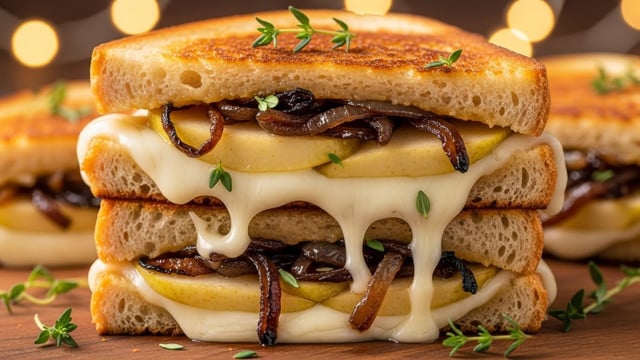A close-up view of a stack of three grilled cheese sandwiches on a wooden board, each sandwich showing a golden brown toasted bread with a crispy texture on the outside, and inside layers of melted white cheese and caramelized onions that are glossy and soft, spilling out between the bread slices. Small green thyme sprigs are placed on and around the sandwiches, adding a fresh touch and contrasting with the warm brown and yellow tones. The background is softly blurred with warm light spots, making the sandwiches stand out. photo taken with an iphone --ar 4:5 --v 7