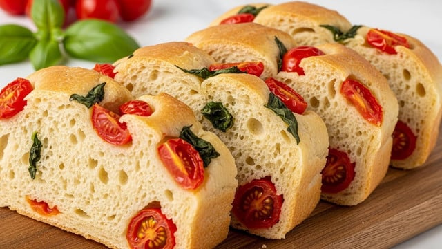 The image shows a loaf of savory bread cut to reveal its inside, placed on a wooden board with a white marbled surface visible in the background. The bread has a golden-brown crust, slightly charred at the edges, with a light yellow, moist, and fluffy texture inside. It contains small red tomato pieces and green herbs scattered throughout the soft interior. The top layer of the bread is dotted with roasted cherry tomato slices and sprinkled with fresh green herb leaves, giving a colorful and fresh appearance. Photo taken with an iphone --ar 4:5 --v 7