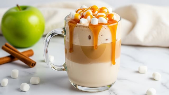 A clear glass mug holds a three-layered drink set against a white marbled surface. The bottom layer is a creamy light beige, topped by a thicker middle layer of slightly darker beige with a smooth texture. The top layer features small white marshmallows scattered on top, with golden caramel sauce dripping over the edge and pooling slightly at the top. In the background, a green apple and cinnamon sticks lie nearby with a soft white cloth adding a cozy touch. photo taken with an iphone --ar 4:5 --v 7