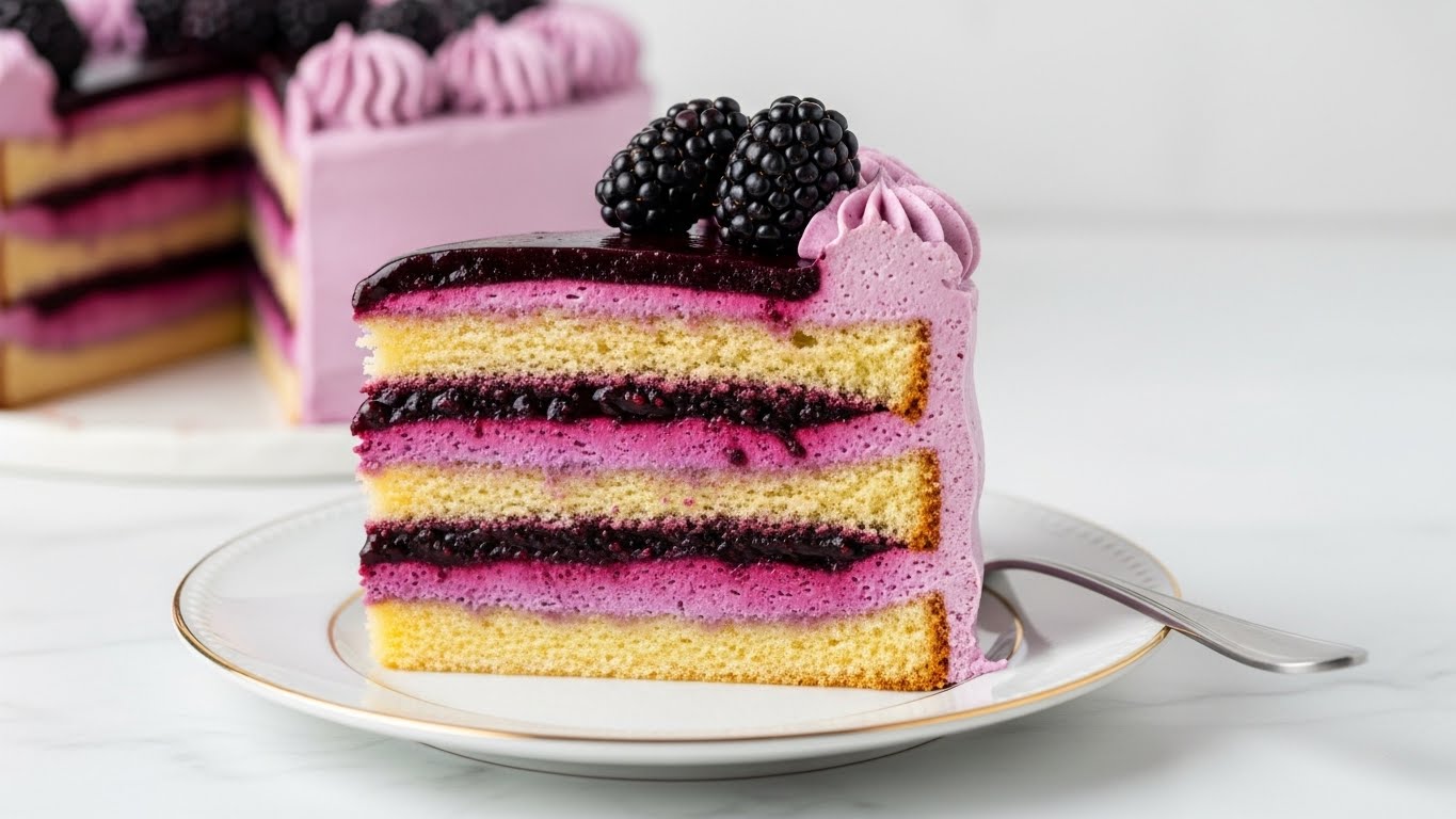 A slice of layered cake sits on a white plate with a thin gold rim, placed on a white marbled surface. The cake has five visible layers starting from the bottom: a light golden brown sponge layer, a thick dark purple berry layer, a thick pale pink creamy layer, another light golden brown sponge layer, topped with a thin dark purple berry filling and a final thick pale pink creamy layer. On top of the cake, there are three glossy black blackberries and a swirl of purple cream. A silver fork is placed on the plate to the right of the cake slice. Photo taken with an iphone --ar 4:5 --v 7