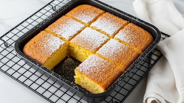 The image shows a square cake baked in a black pan, cut into nine pieces. The cake has a golden brown crust around the edges, with a soft, light yellow center. The surface is dusted with a light layer of powdered sugar, giving it a slightly frosted look. The cake appears moist with a crumbly texture, and the cuts through the cake reveal a consistent thickness throughout. The background is a white marbled texture. Photo taken with an iphone --ar 4:5 --v 7