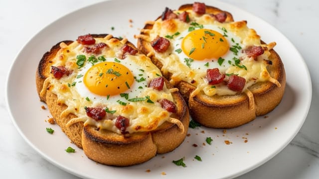 Two thick slices of toasted bread act as the base, with crispy, browned edges and a soft, golden interior. Each slice is filled with a layer of melted, creamy cheese mixed with small bits of cooked bacon, topped with a bright, whole egg yolk nestled in the center. Chopped green herbs are sprinkled on top, adding specks of fresh color. The dish sits on a clean white plate, placed on a white marbled surface, with some crumbs and herbs scattered lightly around. photo taken with an iphone --ar 4:5 --v 7