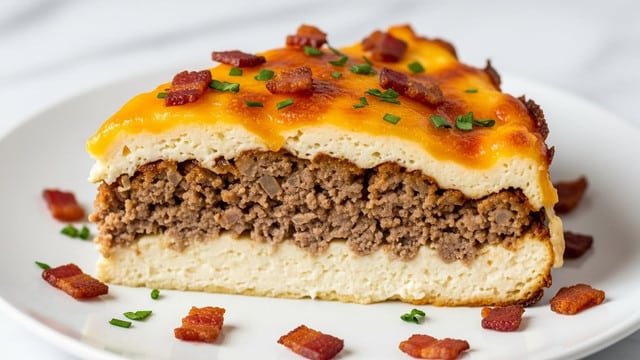 A slice of layered dish sits on a white plate over a white marbled surface, showing three main layers: the bottom is a thick, creamy white layer with soft texture, followed by a middle layer of crumbled, cooked ground meat with a brown, slightly grainy texture, and the top layer is golden, melted cheese browned in spots with a shiny finish. The dish is garnished with small green herb bits and crisp reddish-brown bacon pieces scattered on and around the plate. The edges of the slice have some melted cheese pulling away, adding a rich, gooey look. Photo taken with an iphone --ar 4:5 --v 7