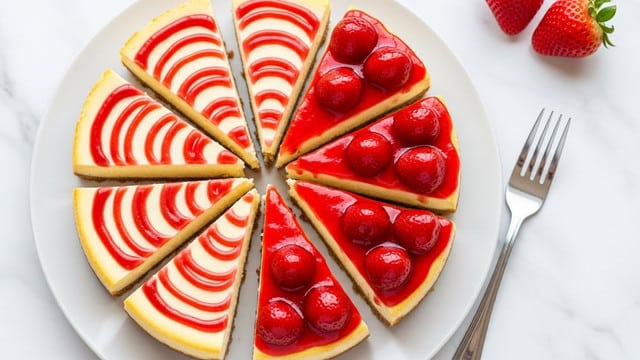 The image shows a white round plate on a white marbled surface, holding eight slices of cheesecake arranged in a circle. The cheesecake has a light golden crust at the bottom and a creamy pale yellow layer filling most of each slice. On top, four of the slices are decorated with a smooth red strawberry sauce swirled through the creamy layer, while the other four are topped with a rich strawberry topping with whole strawberries placed neatly. A silver fork is placed to the right side of the plate, and two fresh strawberries are visible in the upper right corner on the surface. Photo taken with an iphone --ar 4:5 --v 7