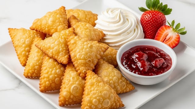 A white square plate holds a pile of golden, crispy, triangular fried pastries with bubbly textured surfaces, arranged in a layered cluster. On the right side of the plate, a swirl of white whipped cream sits next to a small white bowl filled with bright red strawberry jam that appears glossy and slightly chunky. Two fresh strawberries with green leaves, one whole and one sliced in half revealing the red interior and seeds, add a pop of color near the whipped cream and jam. The plate rests on a white marbled surface. photo taken with an iphone --ar 4:5 --v 7
