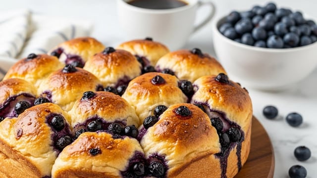 A round, golden-brown blueberry bread with a soft, fluffy texture sits on a wooden board. The bread has irregular, puffy sections with shiny, slightly darker browned tops, and deep purple blueberries are scattered in clusters, some sinking into the dough and others sitting on top with a juicy, glossy look. In the background, there is a white cup of coffee and a white bowl filled with fresh blueberries, all placed on a white marbled surface. photo taken with an iphone --ar 4:5 --v 7