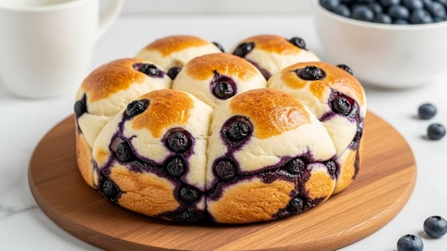 The image shows a single round blueberry bread with a golden brown crust, made up of seven soft dough sections each embedded with plump blueberries, some of which have burst releasing dark purple juice. The dough is white and fluffy with a slightly shiny surface on top. It sits on a wooden round board placed on a white marbled surface. In the background, there is a white cup and a white bowl filled with fresh blueberries, slightly out of focus. Photo taken with an iphone --ar 4:5 --v 7