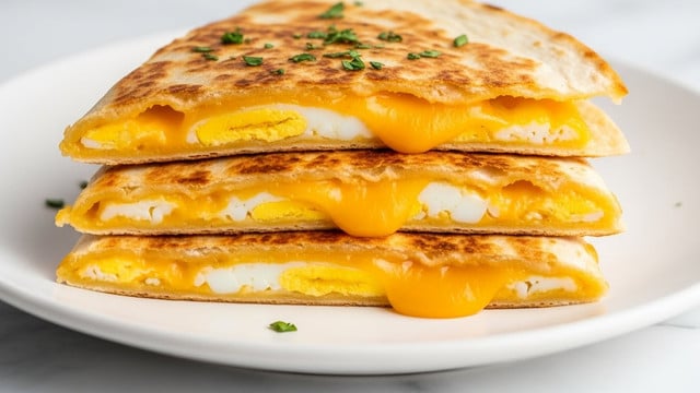 The image shows a close-up of three triangular pieces of a golden brown quesadilla stacked on a white plate. Each piece has a crispy outer tortilla layer with a toasted, slightly uneven surface, sprinkled with small bits of green herbs on top. Inside, there are two visible layers of melted cheese, creamy white and bright yellow, mixed with scrambled eggs that have a soft, fluffy texture. Some cheese is oozing out from the edges, creating a warm and gooey look. The plate sits on a white marbled surface. photo taken with an iphone --ar 4:5 --v 7