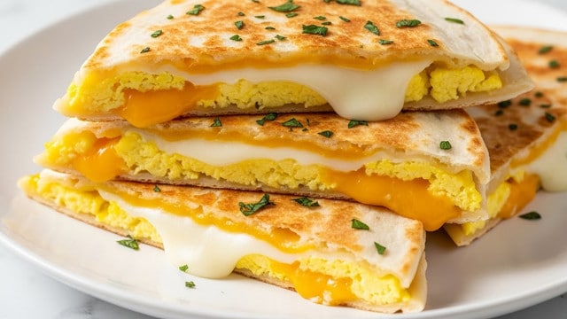 A close-up view of three folded quesadilla slices stacked on a white plate, each slice showing a golden-brown toasted tortilla with slightly crispy edges. The inside reveals melted, creamy orange cheese oozing out between the layers of tortillas, and a sprinkle of green herbs on the top slice adds a touch of color. The plate rests on a white marbled surface, giving a clean and bright background. photo taken with an iphone --ar 4:5 --v 7