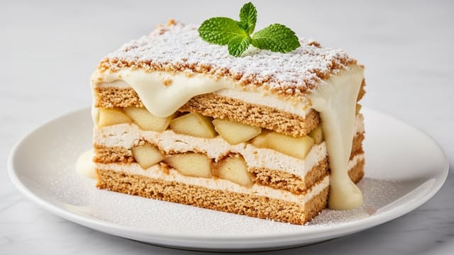 The image shows a layered dessert with four main layers inside a slice. The bottom layer is light brown with small crunchy bits, layered above with chunks of soft, pale apple pieces. Above the apples is a thick, creamy white sauce that looks smooth and glossy, flowing slightly down the sides. The top layer has a crumbly, light brown texture coated with powdered sugar. Two small green mint leaves sit on top as decoration. The dessert rests on a white plate, placed on a white marbled surface. photo taken with an iphone --ar 4:5 --v 7