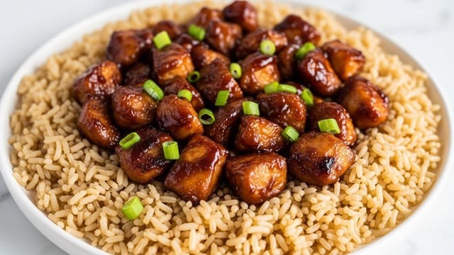 The image shows a close-up of a dish with two main layers. The bottom layer is light brown cooked rice with a slightly shiny texture, spread evenly across a round white plate. On top, there are bite-sized pieces of grilled chicken coated in a thick, glossy dark brown sauce, arranged densely in the center of the rice. Small green pieces of chopped scallions are scattered over the chicken, adding a fresh contrast of color. The dish rests on a white marbled surface. photo taken with an iphone --ar 4:5 --v 7