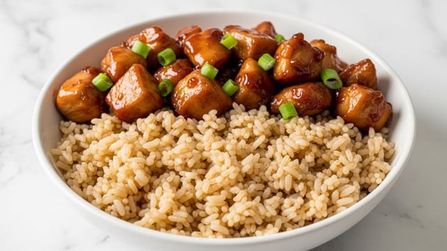 A white bowl is filled with two layers: the bottom layer is soft, cooked rice in light beige color with a slightly glossy texture showing some soy sauce mixed in, and the top layer is chunks of glazed chicken coated in a shiny, dark brown teriyaki sauce, with small bright green pieces of chopped scallions scattered on the chicken and rice. The dish sits against a background of white marbled texture, photo taken with an iphone --ar 4:5 --v 7