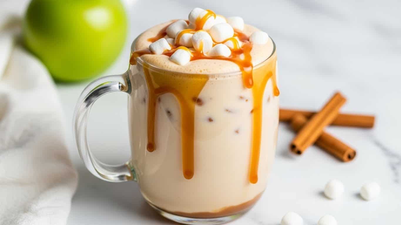 A clear glass mug filled with a creamy, light beige drink that has a smooth texture and a gradient from pale cream at the bottom to a warmer beige near the top. The drink is topped with small white marshmallows scattered unevenly, and a thick drizzle of golden caramel sauce that slowly drips down the sides of the glass. The mug sits on a white marbled surface with a soft white cloth partially visible to the left, a green apple in the blurry background, and a few cinnamon sticks placed to the right. photo taken with an iphone --ar 4:5 --v 7