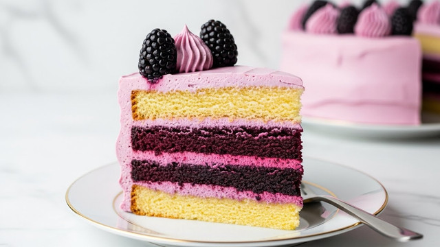 A slice of cake with five distinct layers is placed on a white plate with a thin gold rim. The bottom layer is a light golden cake, followed by a thick dark purple layer with a moist texture. Above that is a layer of pale pink frosting, then another golden cake layer, topped by a thin dark purple layer. The whole slice is coated evenly in creamy pale pink frosting, with a few fresh blackberries and a swirl of purple cream on top. A fork lies on the plate near the cake, and the background has a clean white marbled texture. Photo taken with an iphone --ar 4:5 --v 7
