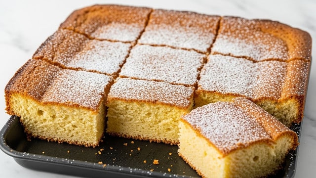 A square black baking pan holds a freshly baked yellow cake cut into nine square pieces. The cake has a light golden brown crust around the edges and a soft, moist texture inside. A light dusting of white powdered sugar is sprinkled on top, adding a slight sparkle. The pan sits on a black cooling rack over a white marbled surface with a folded white cloth nearby. Photo taken with an iphone --ar 4:5 --v 7